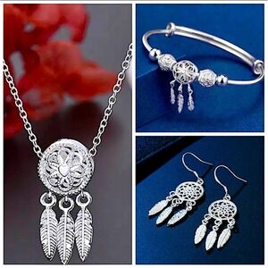 Sterling Silver Dreamcatcher Matching Bangle Bracelet, Earrings Necklace Set